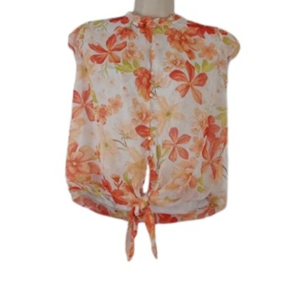 Haver + Blair London Womens Blouse Cream Coral Floral Tie Hem Ruffled Chiffon L - Picture 1 of 3